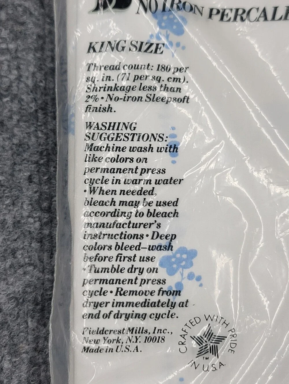 Vintage Fieldcrest No Iron Percale King Size Pillowcases White W/ Blue Flowers